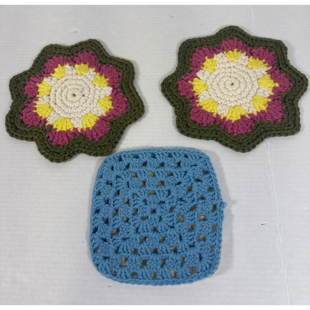 Handmade Crochet Potholder Set 3pc Multicolor Floral Granny‎ Square